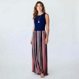 LOFT Navy and Multicolor Striped Sleeveless Maxi Dress Size Large